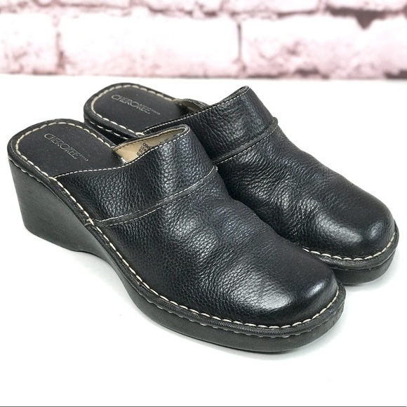 CHEROKEE Genuine Leather Size 9.5 Black Chunky Wedge Block Heel Clog Mules - Picture 3 of 15